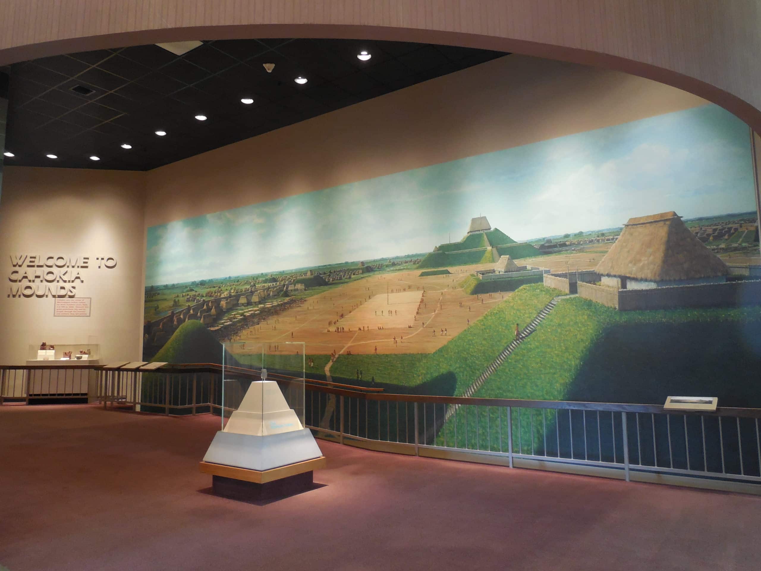 Mural of Cahokian Mounds Grand Plaza as it might have looked around 800 years ago at the entry of the exhibits section of the Interpretive Center.