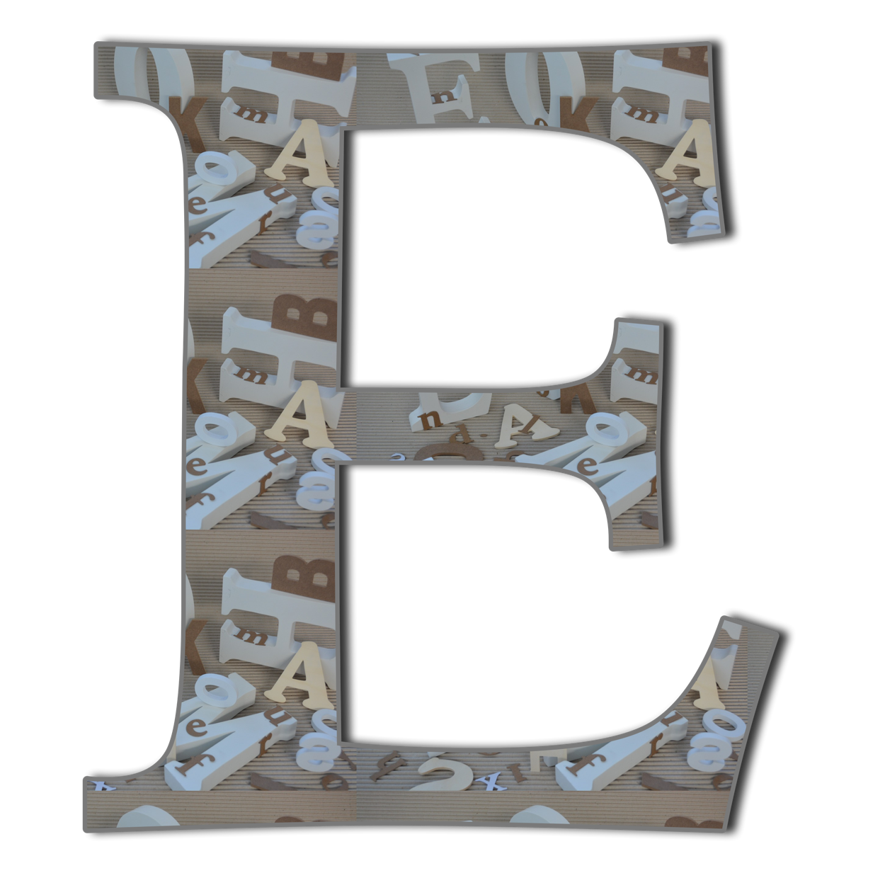 The letter E composed of an image of other letters