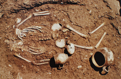 Archaeological excavation of child burial with egg.