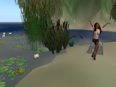 Nancy's avatar, Ana Herzog, on her Island, "The Women's Center," circa 2008, in the virtual world Second Life®.