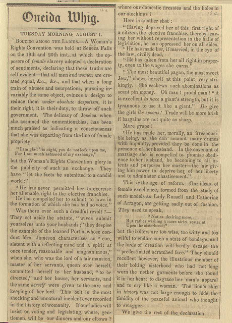 Oneida Whig focuses more on the Declaration of Sentiments coming out of The Seneca Falls Women's Rights Convention. 1 August 1848 paper.