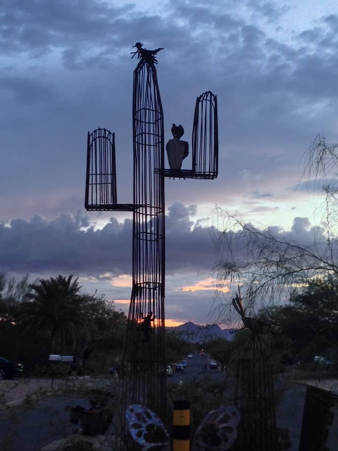 Metal sculpture of cactus and bird in Samos Neighborhood in Tucson, Arizona