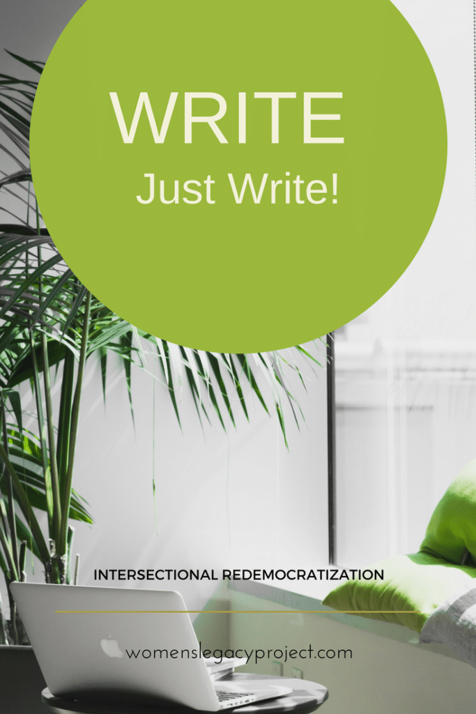 potted plant computer and window seat with overlay of "write, just write"