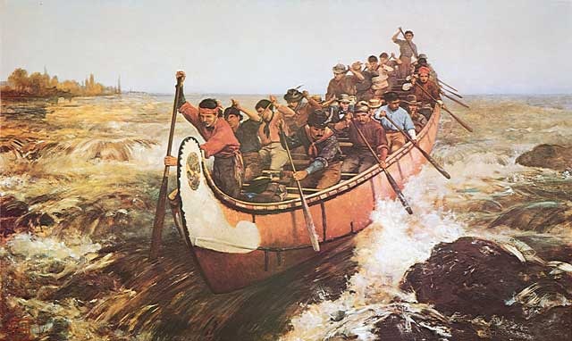 Shooting the Rapids, 1879.  
Frances Anne Hopkins.
Paining of Voyageurs
