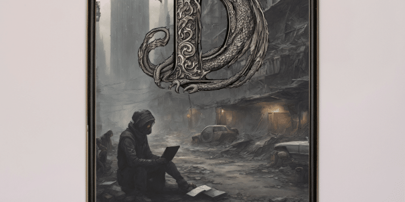 AI app-created (Canva) image of a Dystopian city with a woman with a laptop. The D is shaped like a Dragon. D is for Dystopian in #A-Z24 Challenge.