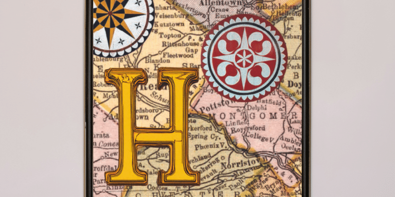 An AI generated LETTER H over a map of Pennsylvania Dutch country near Lehigh and Bucks County that is decorated with Hex signs. Map from Library of Congress