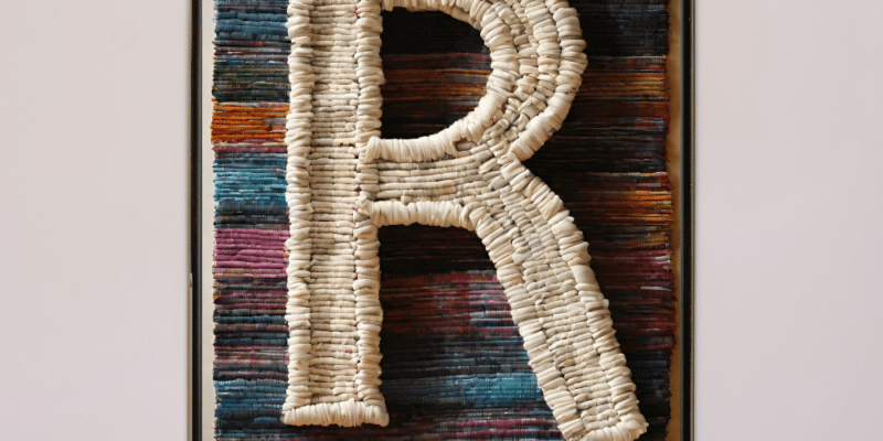 Image of a woven letter R over a woven rag rug.