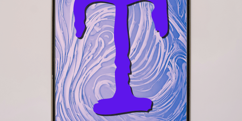 Purple letter t over a swirly background