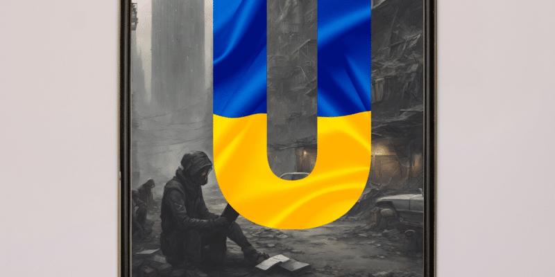 The U in this image bears the colors of the Ukrainian Flag, blue and gold. This is super imposed over a dark ai image of a decaying or bombed out city. A girl sits in the street reading or writing on a small device.