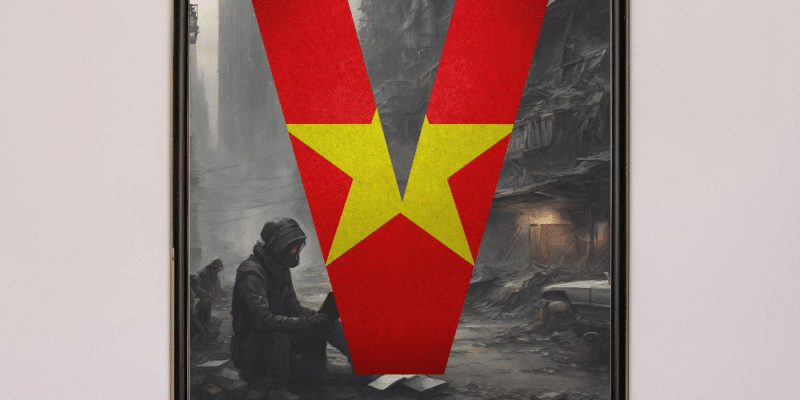 The V in this image bears the colors of the Flag of Vietnam, red and gold. This is super imposed over a dark ai image of a decaying or bombed out city. A girl sits in the street reading or writing on a small device.